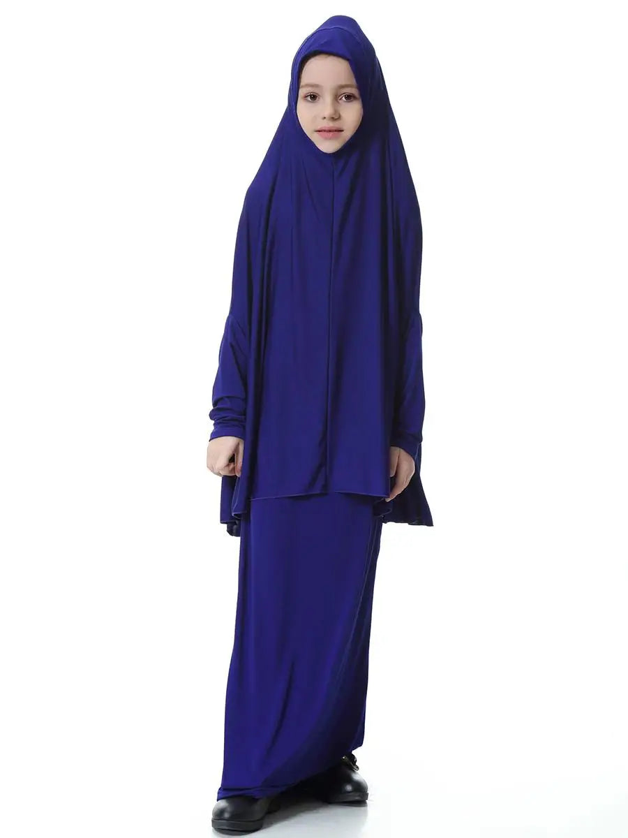 Muslim Kids Girls Dress Two Pieces Set Abaya Hijab Scarf Skirt Islamic Clothing Arab Prayer Kaftan Robe Eid Ramadan Khimar Burqa