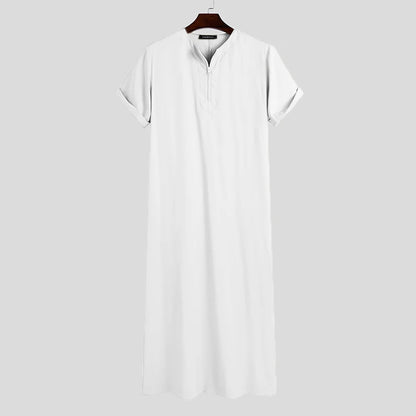 INCERUN Men Muslim Kaftan Short Sleeve Solid O Neck Jubba Thobe Abaya Middle East Dubai Saudi Arabia Islamic Mens Robes S-5XL