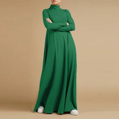 S-5XL Vintage Solid Muslim Dress WomenTurtleneck One-piece Sundress Casual Long Sleeve Maxi Vestidos Female Autumn Robe