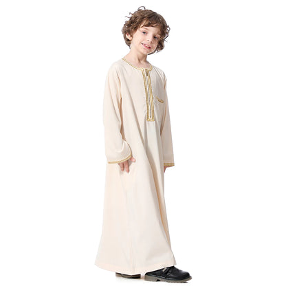 Muslim Boys Robe Embroidered Long Sleeve Dress Gown Saudi Arabia Abaya Kaftan Jubba Thobe Islamic Clothes Eid Djellaba Ramadan