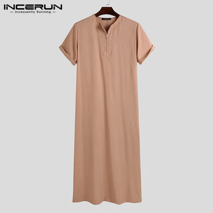 INCERUN Men Muslim Kaftan Short Sleeve Solid O Neck Jubba Thobe Abaya Middle East Dubai Saudi Arabia Islamic Mens Robes S-5XL