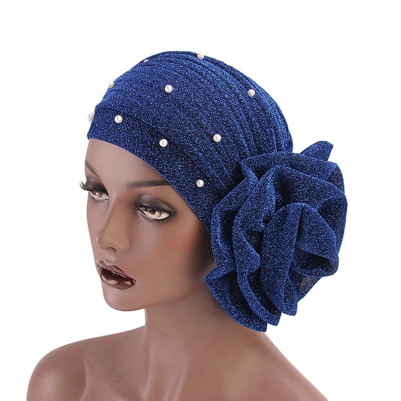 Summer Beading Flower Women's Turban Caps Stretchy Female Headwrap Bonnet Cancer Headwear Muslim Turban Hijabs Islamic Headscarf