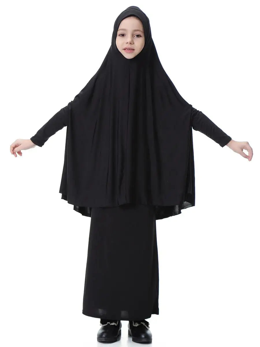 Muslim Kids Girls Dress Two Pieces Set Abaya Hijab Scarf Skirt Islamic Clothing Arab Prayer Kaftan Robe Eid Ramadan Khimar Burqa