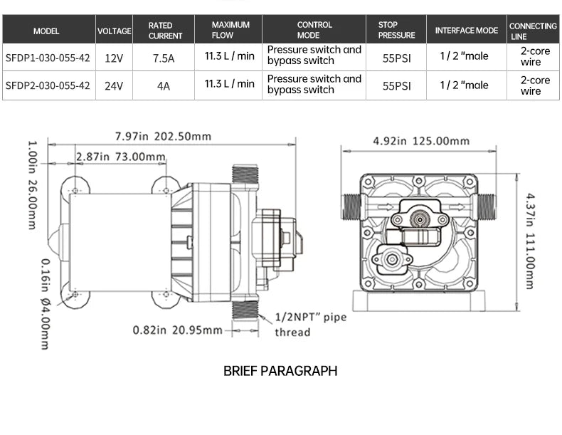 SEAFLO 42 Series Diaphragm Water Pump 3.0GPM 55PSI 12 Volts Electric Yacht Boat Marine RV Caravan High Pressure Supply 4 Chamber