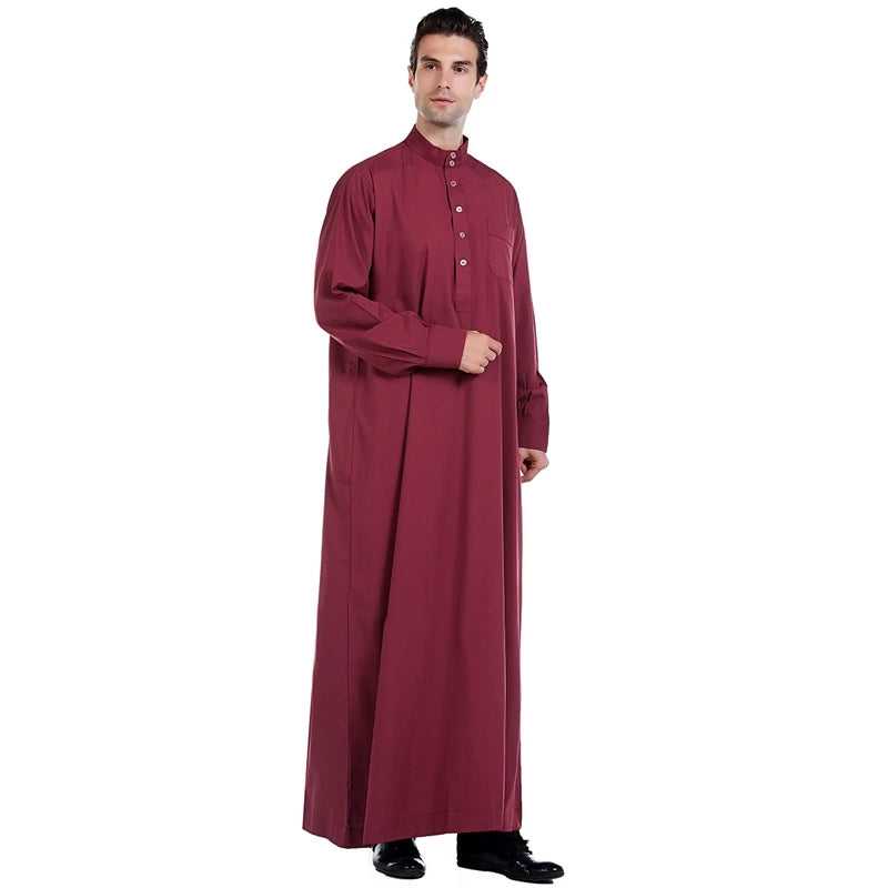 Men Qatar Muslim Moroccan Islamic Style Black Cotton Linen Long-Sleeved Stand-Up Collar Plus Size Arabian Robe Men Worship Robe