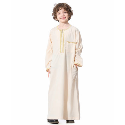 Muslim Boys Robe Embroidered Long Sleeve Dress Gown Saudi Arabia Abaya Kaftan Jubba Thobe Islamic Clothes Eid Djellaba Ramadan