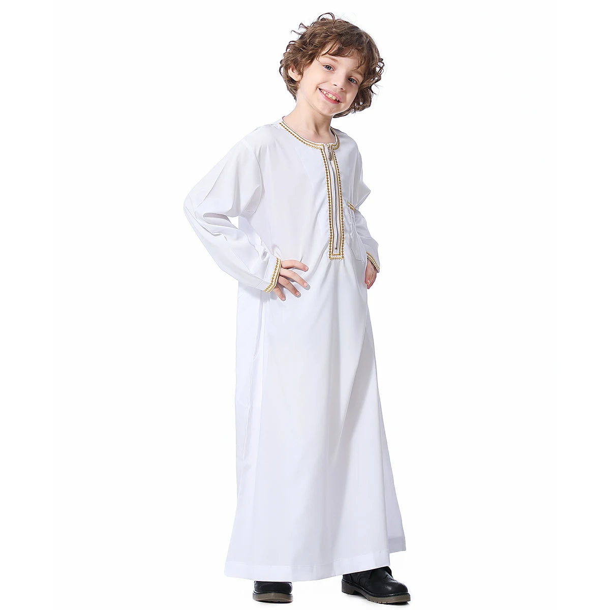 Muslim Boys Robe Embroidered Long Sleeve Dress Gown Saudi Arabia Abaya Kaftan Jubba Thobe Islamic Clothes Eid Djellaba Ramadan