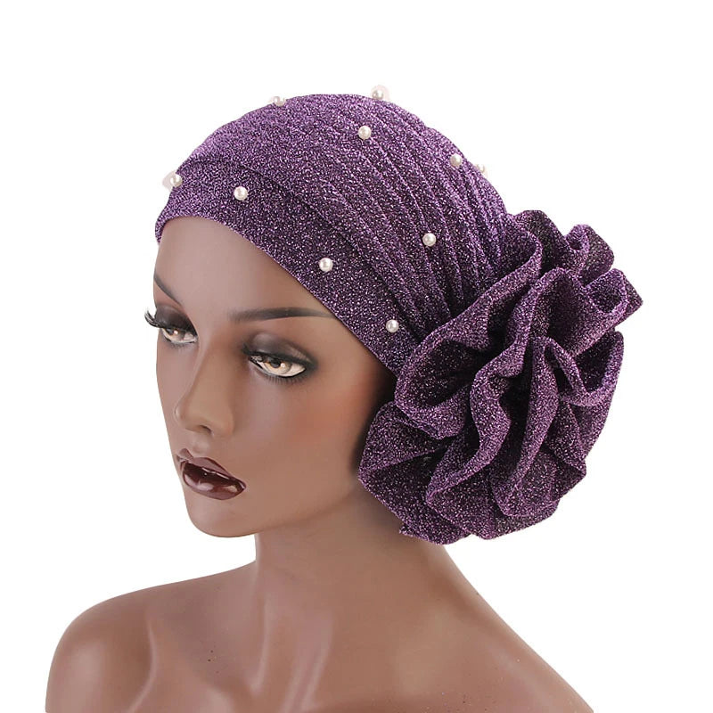 Summer Beading Flower Women's Turban Caps Stretchy Female Headwrap Bonnet Cancer Headwear Muslim Turban Hijabs Islamic Headscarf