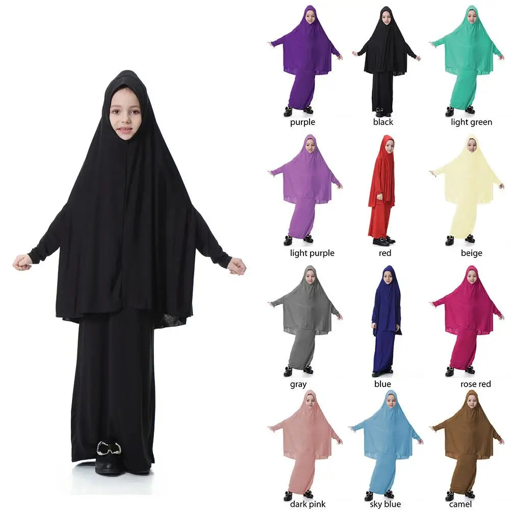 Muslim Kids Girls Dress Two Pieces Set Abaya Hijab Scarf Skirt Islamic Clothing Arab Prayer Kaftan Robe Eid Ramadan Khimar Burqa