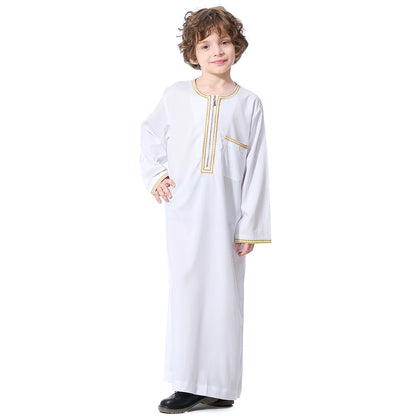 Muslim Boys Robe Embroidered Long Sleeve Dress Gown Saudi Arabia Abaya Kaftan Jubba Thobe Islamic Clothes Eid Djellaba Ramadan