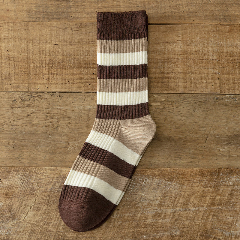 Women's Fashion Simple Coffee Color With Stripes All-matching Embroidered Cotton Socks