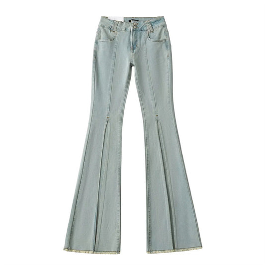 Net Red Blogger Niche Design Low Waist Skinny Denim Washed Frayed Hem Slim Wide Leg Trousers