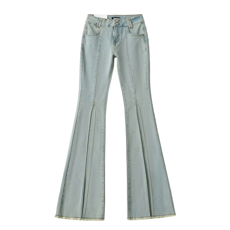 Net Red Blogger Niche Design Low Waist Skinny Denim Washed Frayed Hem Slim Wide Leg Trousers