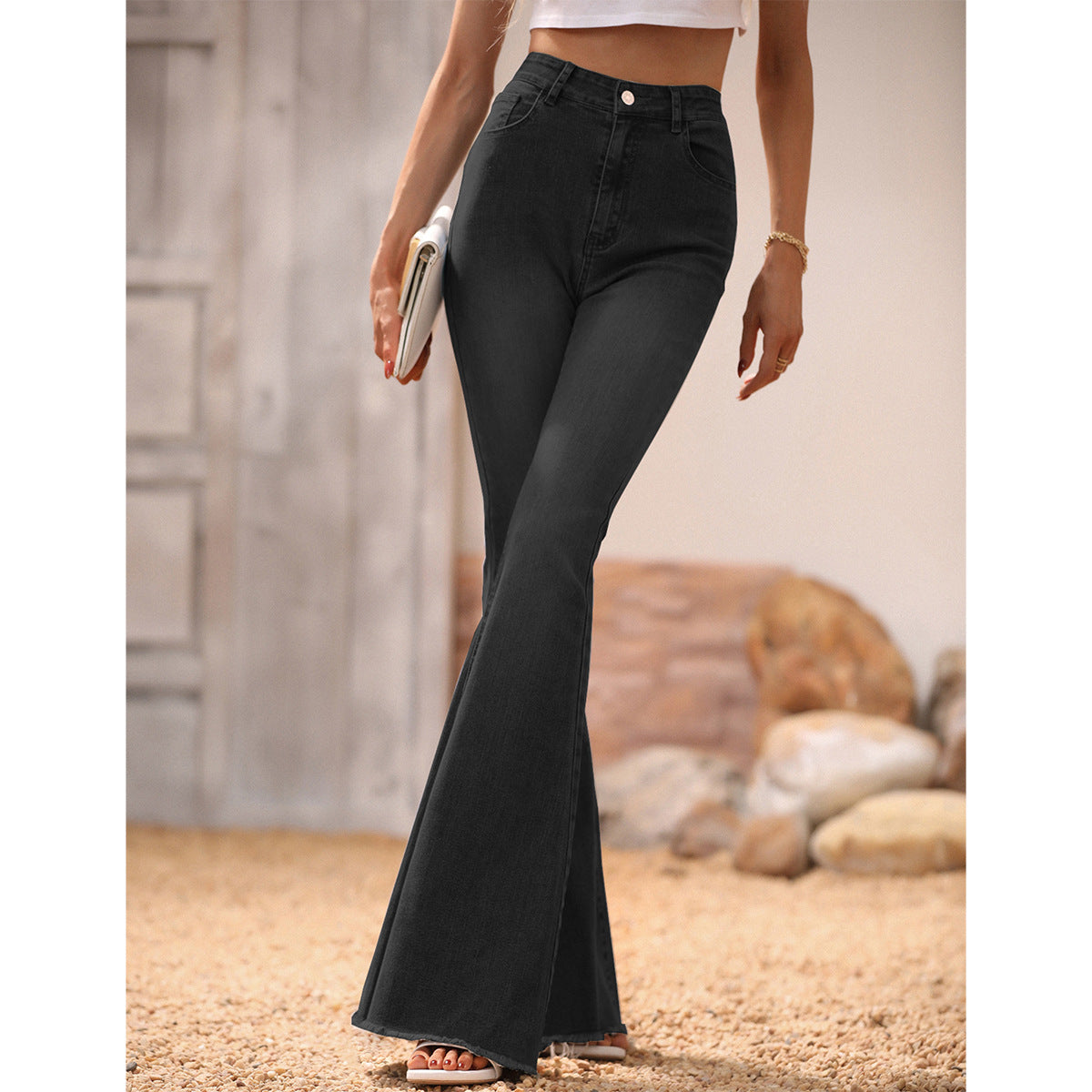 Women's Clothing Slightly Flared Jeans Black Rough Edges Horseshoe Pants