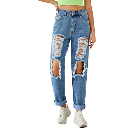 Women's Fashion High Waist Ripped Straight Denim Trousers