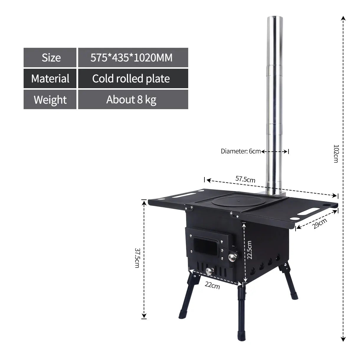 Large Portable Fire Wood Stove, 304 Stainless Steel, Window Pipe for Tent Heater, Cot Camping, Ice-fishing Cooking, Outdoor BBQ