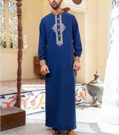 Eid Muslim Fashion Men Jubba Thobe Embroidery Stand Collar Dubai Arab Long Dress Islamic Ramadan Robe Saudi Musulman Abaya Male