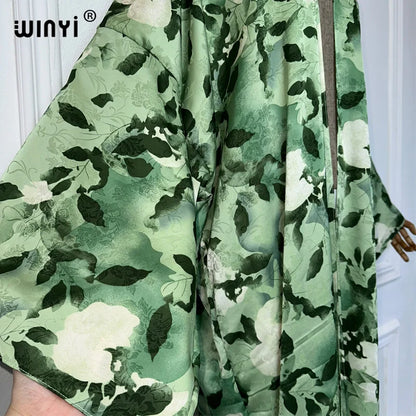 WINYI 2024 High-quality Double-sided Print Silk feel Dress Beach Wear Boho Cardigan abaya women muslim dress Long Sleeve Kimono