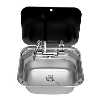 RV Sink Combo Stainless Steel Drop-in Kitchen Sink with Folded Faucet and Tempered Glass Lid for Camper RV Caravan or Boat