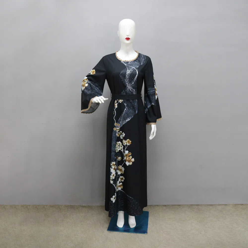 2pcs Set Flowers Printed Dress with Sash Belt Abaya Hijab Veil Fashion Diamonds Robe Muslim Lace Trimming Kaftan Women Long Gown