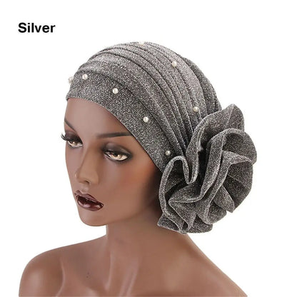 Women Cancer Chemo Cap Big Flower Shiny Silk Muslim Hat Hair Loss Head Scarf Pearls Elastic Turban Head Wrap Cover