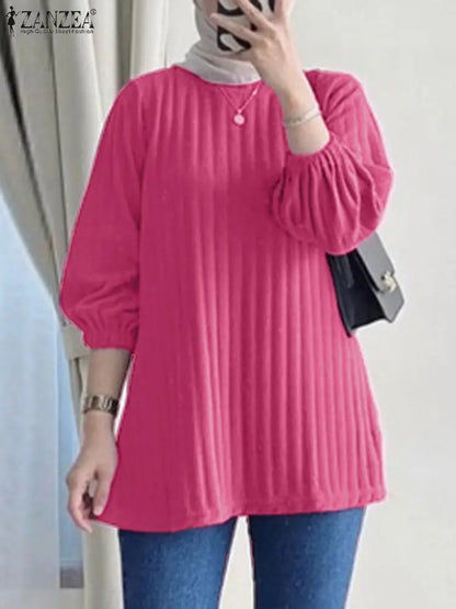 ZANZEA Women Muslim Hijab 3/4 Sleeve Ribbed Blouses Fall 2024 Tops Elegant Daily Shirt Casual Loose T-shirts Islamic Clothing