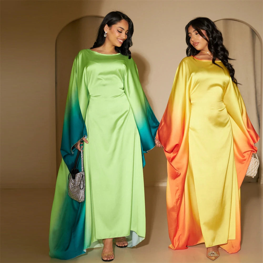 Gradient Batwing Butterfly Sleeve Satin Abaya Dubai Luxury Muslim Kaftan Dress For Women Kebaya Caftan Marocain Femme Vestidos