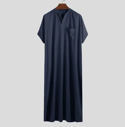 Islamic Arabic Kaftan for Men Vintage Solid Short Sleeve Loose Retro Robe Abaya Dubai Middle East Muslim Dress Men's Clothing