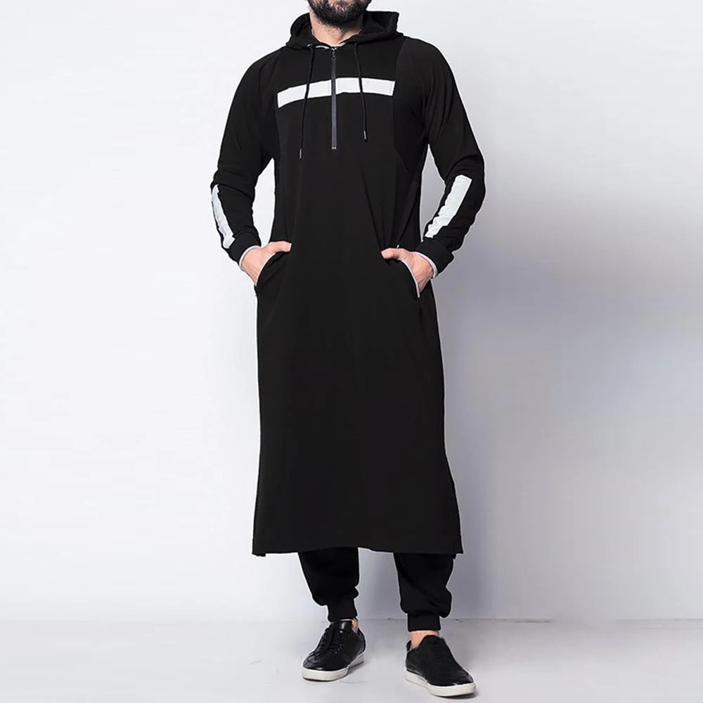 Mens Muslim Middle Eastern Islamic Arabic Clothing Vintage Loose Striped Long Sleeve Drawstring Pockets Full Length Hooded Robe