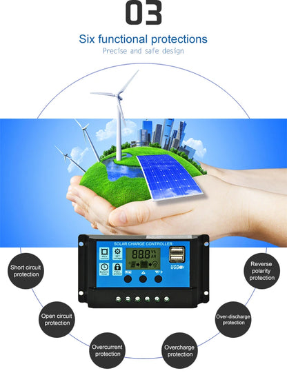 10A 20A 30A PWM Solar Charge Controller 12V/24V Solar Regulator USB 5V Panel Battery Regulator Intelligent LCD Display