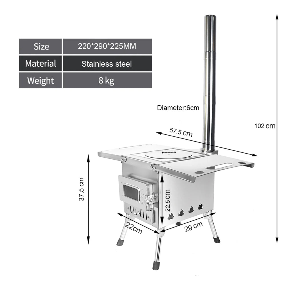 Large Portable Fire Wood Stove, 304 Stainless Steel, Window Pipe for Tent Heater, Cot Camping, Ice-fishing Cooking, Outdoor BBQ