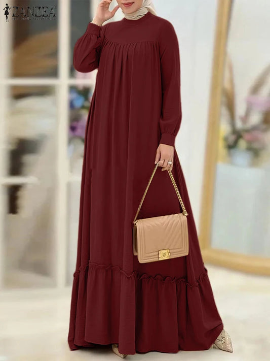 ZANZEA Women Muslim Dress Abaya Autumn Maxi Long Dress Kaftan Dubai Long Vestidos Robe Long Sleeve Solid Ruffles Hem Sundress