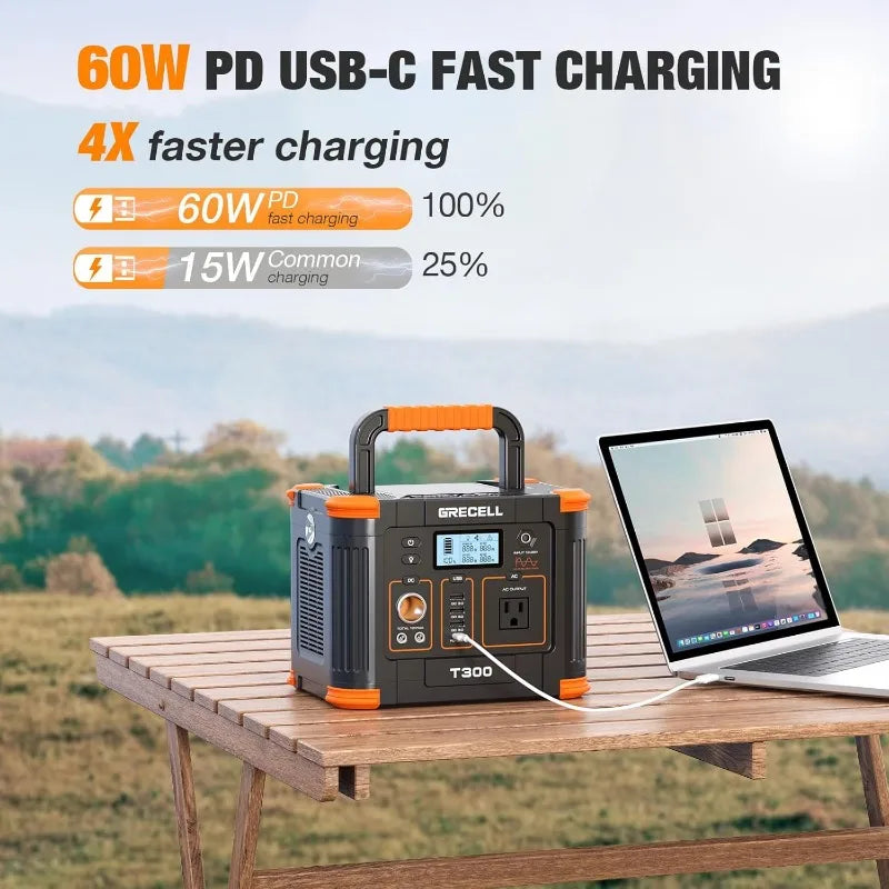 Portable Power Station 300W (Peak 600W) 288Wh Solar Generator with 60W USB-C PD Output 110V Pure Sine Wave AC Outlet Backup