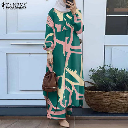 ZANZEA Fashion Matching Sets Muslim Suit Long Sleeve Blouse Wide Leg Pants 2PCS Woman Vintage Floral Printed Tracksuits