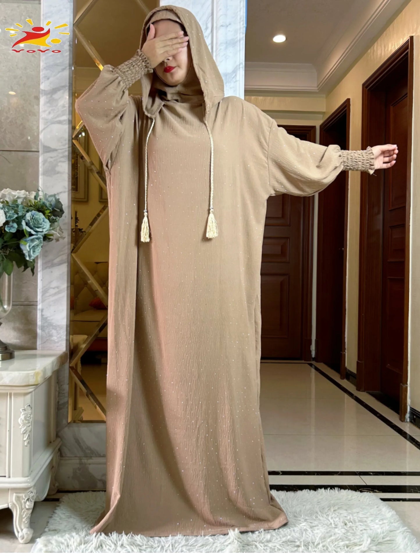 New Ramadan Muslim Double hat Solid Cotton Abaya Dubai Turkey Islam Prayer ClothesWith Stones Dress Islam Women Dress Kaftan