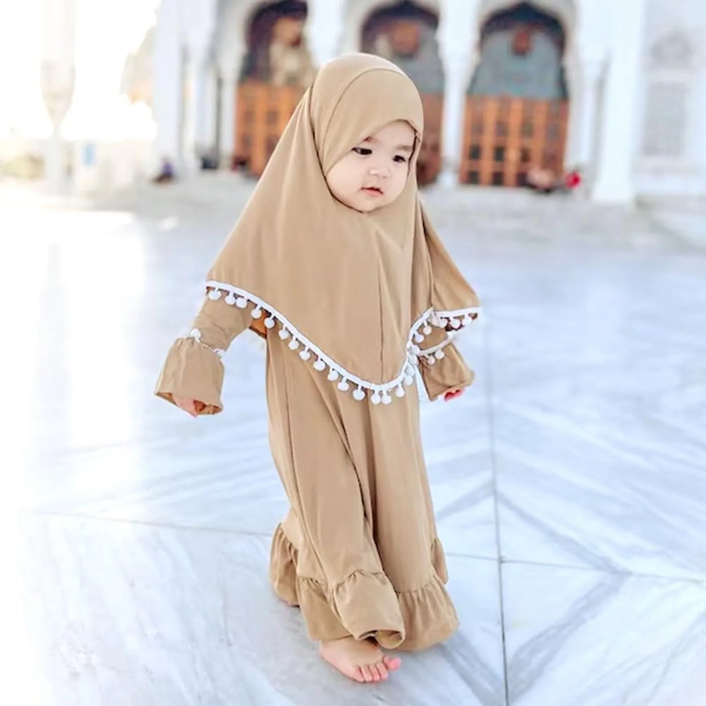 Muslim Abaya Robe And Headscarf Set For Girls 0-5 Years Pure Color Robe With Hijab Girls Outfits&Set Children Muslim Outfits