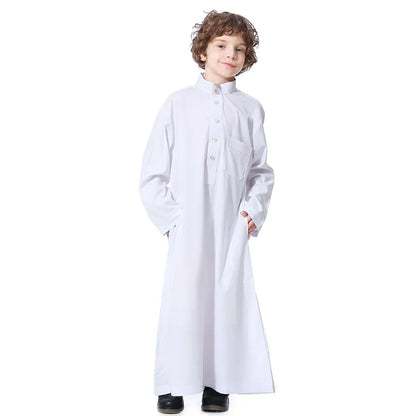 Solid Stand Collar Boys Kids Islamic Muslim Juba Kaftan Robe Arabian Dubai Qatar Children Long Dress Singel-Breasted Abaya Robe