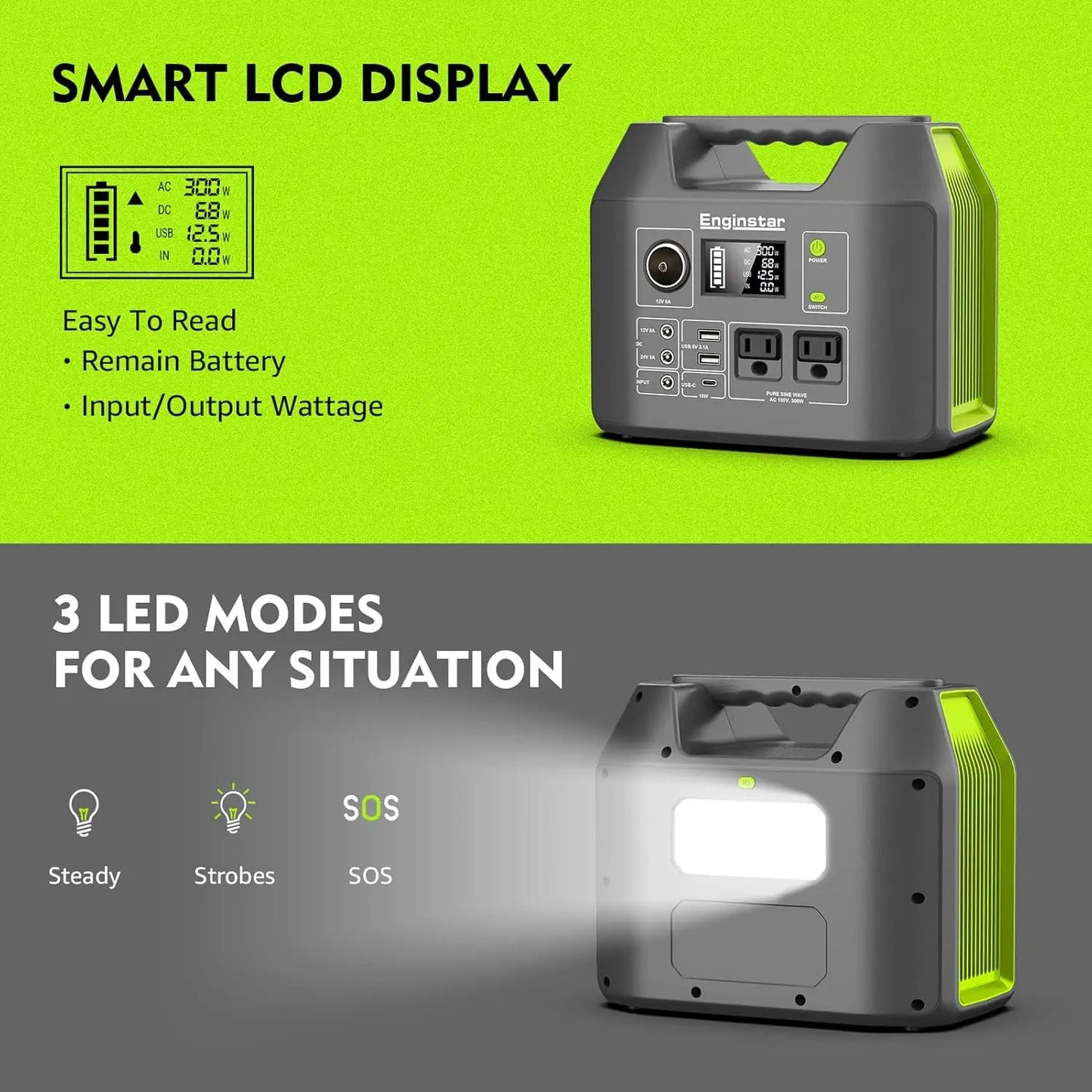 EnginStar Portable Power Station 300W 296Wh Battery Bank with 110V Pure Sine Wave AC Outlet for Outdoors Camping Hunting