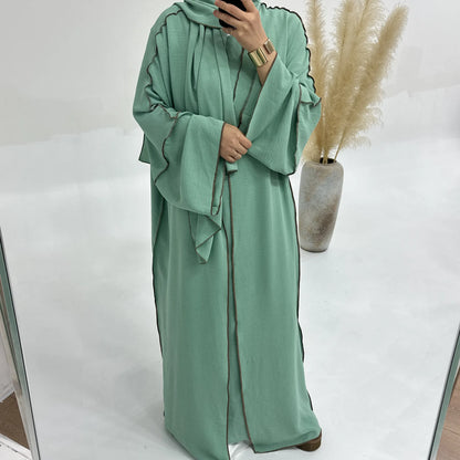 Turkey Dubai Abayas Muslim Set Cardigan Inner Lap and Turban Muslim Long Robes Three-piece Muslim Open Abayas for Women Dress