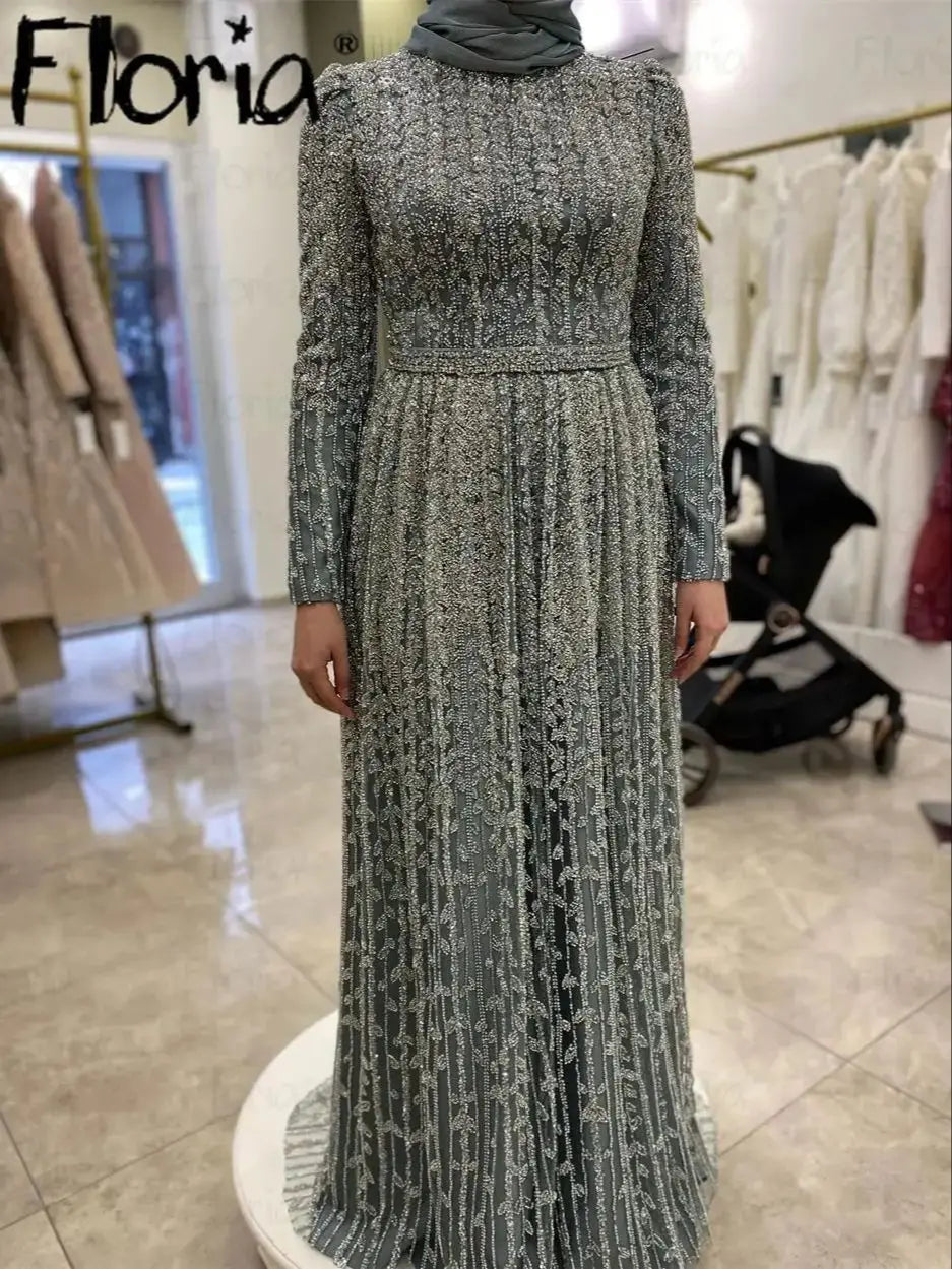 Middle East Muslim Gray Wedding Party Dress Plus Size Customized Formal Night Gown Dinner Dress Evening Gown Robes De Soirée