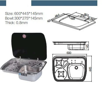 TYTXRV Motorhome Sink and Cooktop Stove Hob Combo with Tempered Glass Lid Built-in 2 Burner for Caravan Camper Boat Yacht