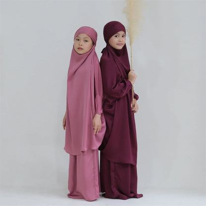 Gowns for Kids Girls Islamic Clothing 2 Piece Sets Dubai Muslim Outfits Overhead Hijabs Abaya Khimar Skirt Ramadan Eid Dresses