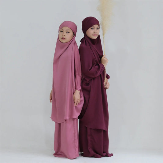 Gowns for Kids Girls Islamic Clothing 2 Piece Sets Dubai Muslim Outfits Overhead Hijabs Abaya Khimar Skirt Ramadan Eid Dresses