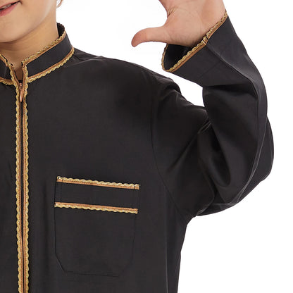 Luxury Muslim Thobe Boys Saudi Dress Kids Islamic Clothing Turkish Arab Dubai Black White Yellow Abaya Children TH881