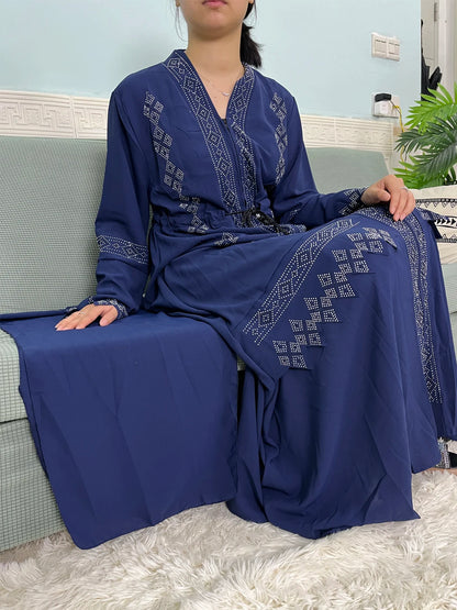 Muslim Open Abayas For Women Dubai Chiffon Set Auger V-neck Fashion Design Boubou Loose Femme Robe Party Dresses With Headscarf