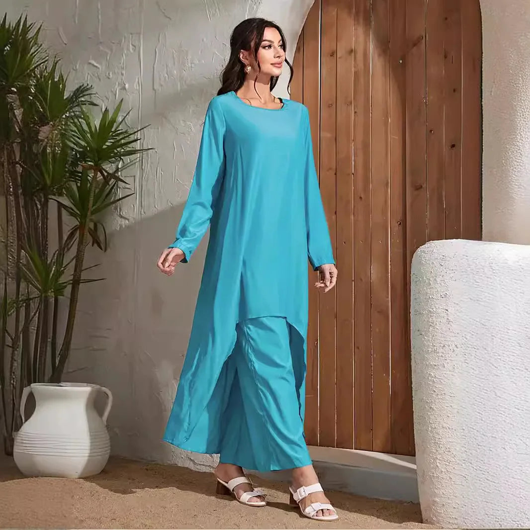 Women's Muslim Two Piece Set Fashion Elegant Solid Colour Irregular Long Dress Top Wide Leg Pants Robe Abaya Muslim Woman Dubai