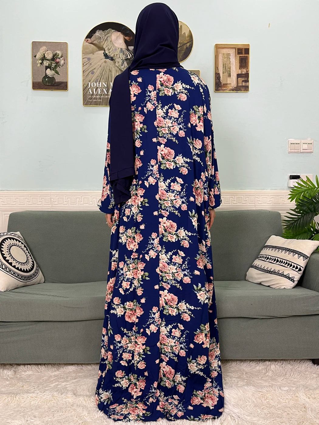 Muslim Traditional Ramadan Abayas For Women's Prayer Garment Cotton Printed Floral Boubou Loose Femme Robe Connected Headscarf