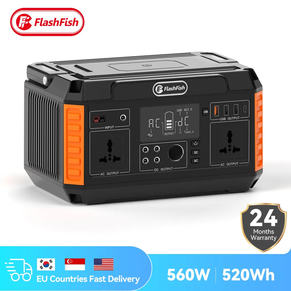 FF FlashFish Power Station 560W Portable Solar Generator 230V Pure Sine Wave AC Outlets 520Wh Lithium Batteries for Solar Panel