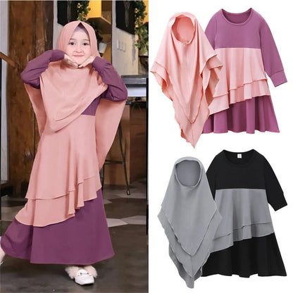 2Pcs Muslim Ramadan Sets Children Girls Prayer Dresses Hijab Abaya Arab Kids Long Khimar Robe with Headscarf Islamic Kaftan Gown