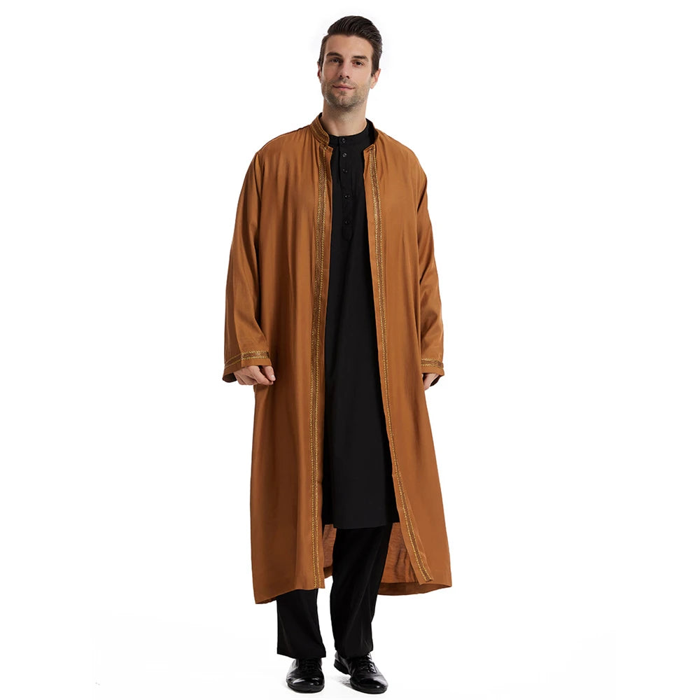 Men Open Abaya Muslim Saudi Jubba Thobe Islamic Clothing Ramadan Kimono Long Sleeve Robe Caftan Dubai Stand Collar Arabic Dress